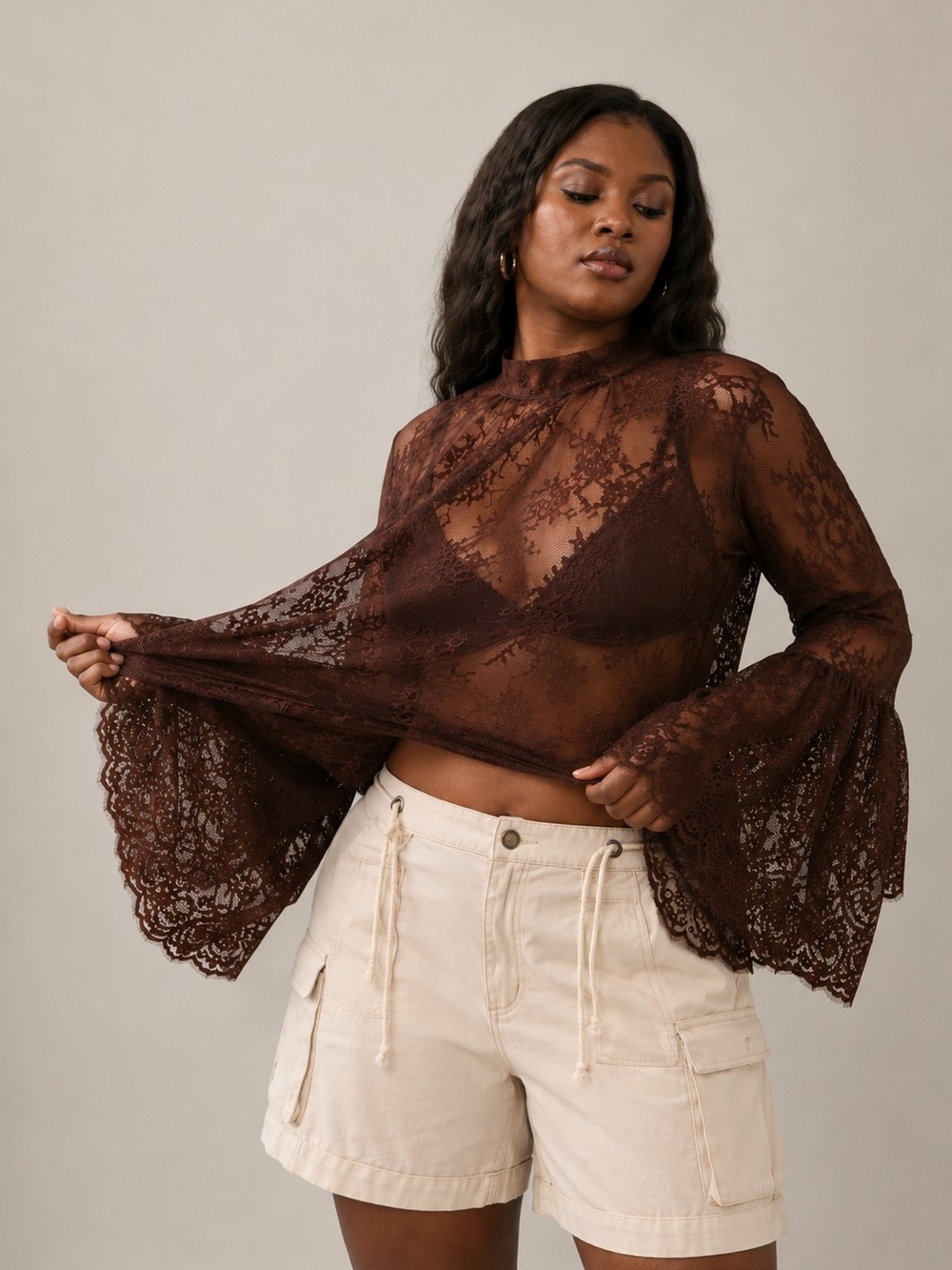 Sheer Lace Long-Sleeve Bralette Top - Brown - Picture 3 of 3